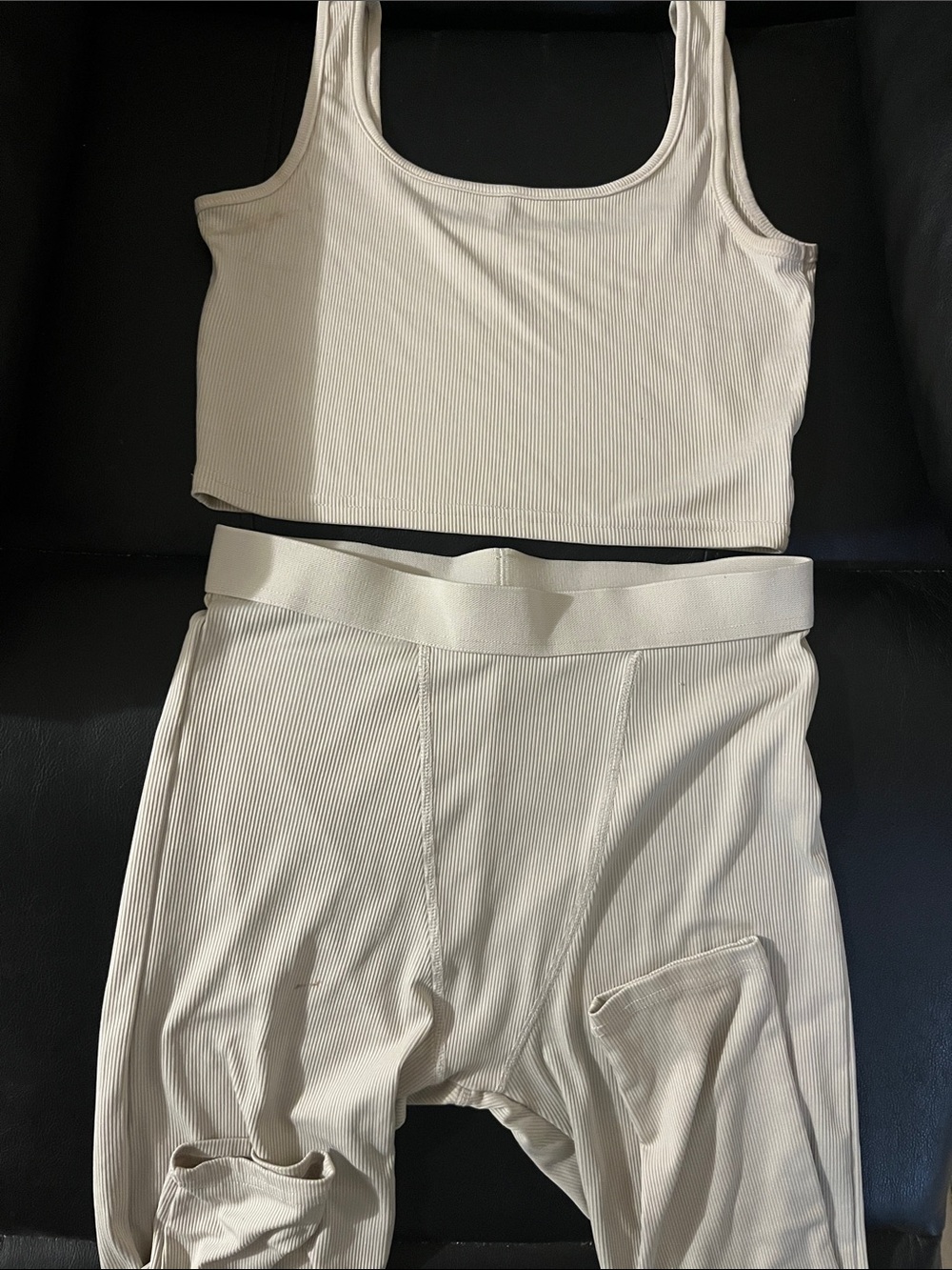 Cream Ribbed Leggings and Crop Tank Set - Unbranded